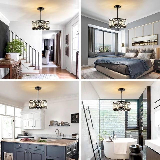 Alt view image 7 of 7 - 3-Light Crystal Ceiling Light, Modern Semi Flush Mount Light Fixture, Black Crystal Chandelier for Kitchen Bedroom Bathroom Entryway Hallway