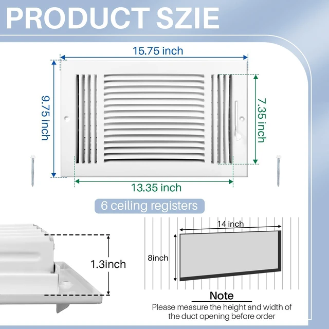 Alt view image 2 of 7 - 6 Pack Wall Vent Covers Interior Size 14 X 8 Inch, White Steel 3 Way Adjustable Air Flow, Steel Construction for Ceiling Sidewall Bathroom Office HVAC, Durable Register Grilles