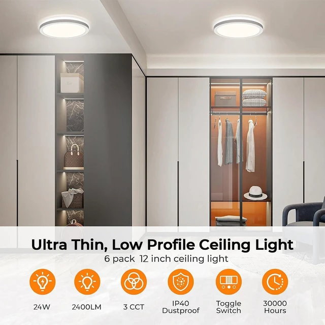 Alt view image 3 of 7 - LED Flush Mount Ceiling Light, 12 Inch 24W 3000K 4000K 5000K Hardwire Light Fixture, Ultra Thin Round White Lamp for Kitchen Porch Bedroom Hallway Stairwell Basement, Non-dimmable 6 Pack