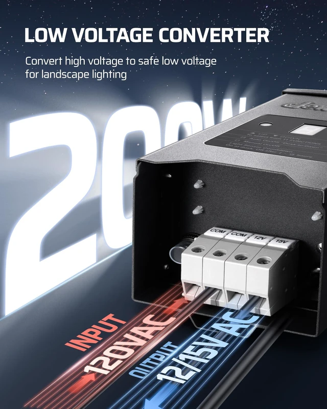 Alt view image 2 of 7 - 200W Weatherproof Low Voltage Landscape Lighting Transformer, 120V to 12/15V AC, Metal Low Voltage Landscape Transformer with Photocell & Timer, Multi Zone Landscape Lighting Transformer