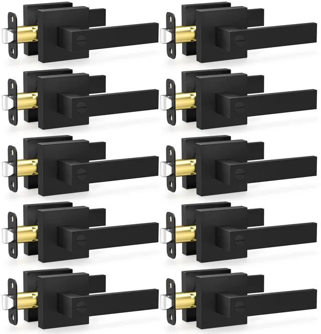 Main image of 10 Pack Matte Black Door Knobs Interior Door Handles, Privacy Keyless Door Lock for Bedrooms Bathrooms, Heavy Duty Zinc Alloy Square Door Levers, Reversible for Left & Right Handled Doors