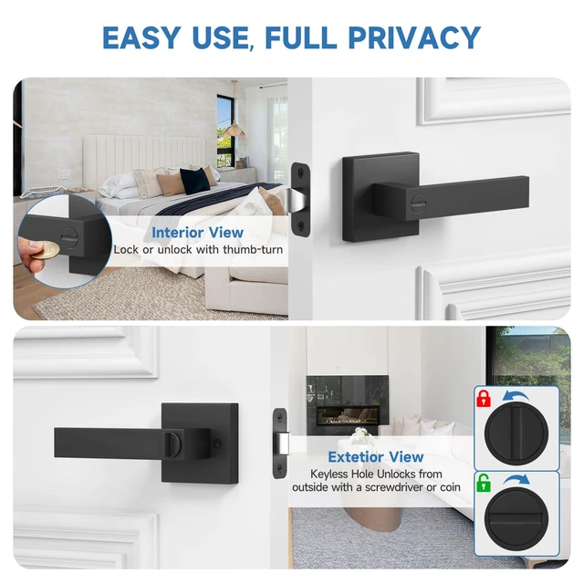 Alt view image 3 of 7 - 7 Pack Black Door Knobs with Lock, Privacy Interior Door Handles with Lock Heavy Duty Keyless Bedroom Door Lock, Square Door Handleset, Reversible for Left & Right Handled Doors
