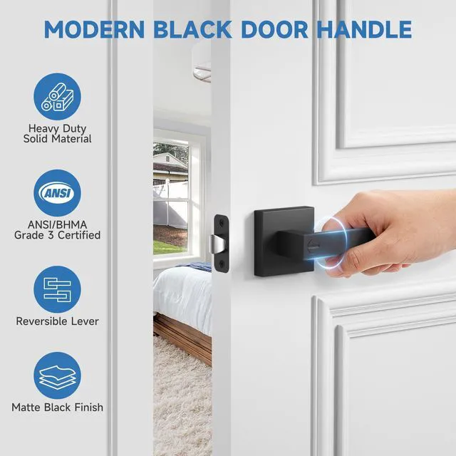 Alt view image 2 of 7 - 7 Pack Black Door Knobs with Lock, Privacy Interior Door Handles with Lock Heavy Duty Keyless Bedroom Door Lock, Square Door Handleset, Reversible for Left & Right Handled Doors