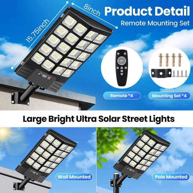 Alt view image 5 of 7 - 4 Pack Solar Street Lights Outdoor Waterproof, 100000LM Solar Powered Parking Lot Lights Large Street Light Dusk to Dawn with Motion Sensor, LED Flood Light Wide Angle Lamp for Patio and Parkling Lot