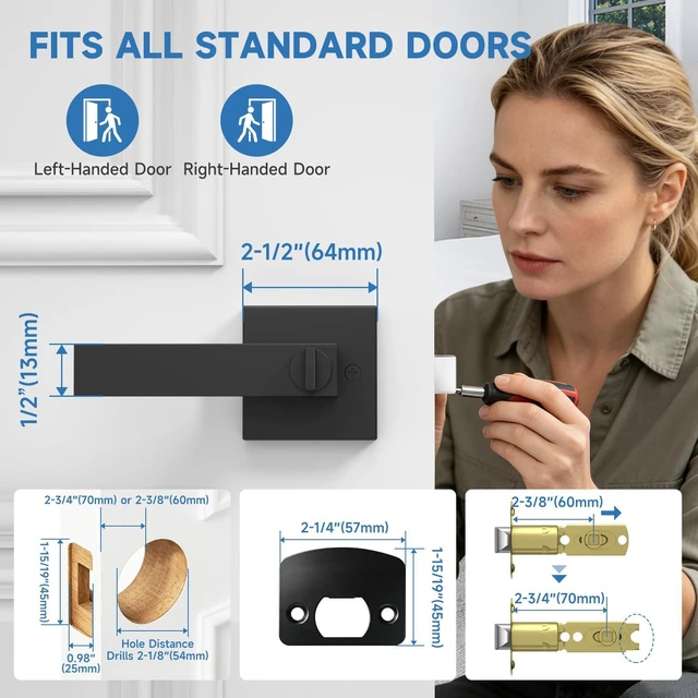 Alt view image 5 of 7 - 7 Pack Black Door Knobs with Lock, Privacy Interior Door Handles with Lock Heavy Duty Keyless Bedroom Door Lock, Square Door Handleset, Reversible for Left & Right Handled Doors