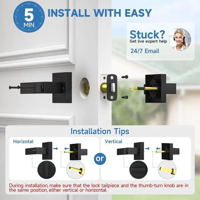 Alt view image 6 of 7 - 7 Pack Black Door Knobs with Lock, Privacy Interior Door Handles with Lock Heavy Duty Keyless Bedroom Door Lock, Square Door Handleset, Reversible for Left & Right Handled Doors