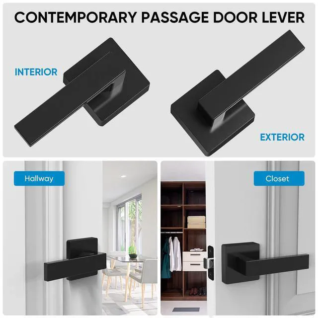 Alt view image 5 of 7 - 10PK Matte Black Door Handles Interior, Reversible Square Door Levers Knob for Hallway, Bedroom, Bathroom (No Lock, 10PK Passage)