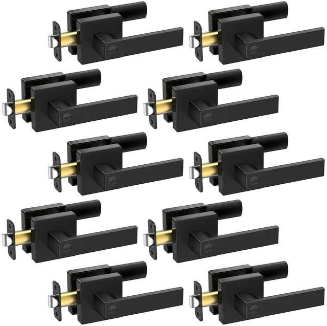 Main image of 10PK Matte Black Door Handles Interior, Reversible Square Door Levers Knob for Hallway, Bedroom, Bathroom (with Lock, 10PK Privacy)