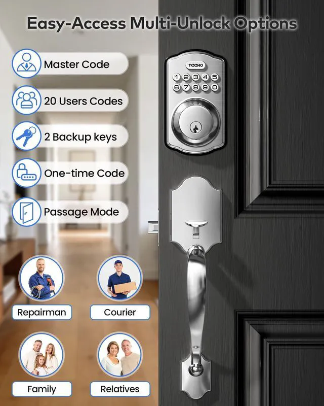 Alt view image 3 of 7 - TK001H Keyless Entry Door Lock Set for Front Door, Satin Nickel ANSI Grade 3 Security, Auto & One-Touch Lock, Anti-Peep & One Time Code, Easy Installation, Passage Mode, Durable Zinc Alloy