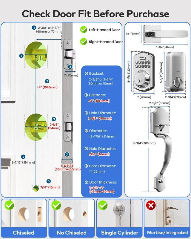 Alt view image 2 of 7 - TK001H Keyless Entry Door Lock Set for Front Door, Satin Nickel ANSI Grade 3 Security, Auto & One-Touch Lock, Anti-Peep & One Time Code, Easy Installation, Passage Mode, Durable Zinc Alloy