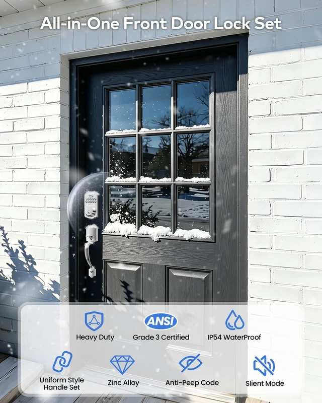 Alt view image 6 of 7 - TK001H Keyless Entry Door Lock Set for Front Door, Satin Nickel ANSI Grade 3 Security, Auto & One-Touch Lock, Anti-Peep & One Time Code, Easy Installation, Passage Mode, Durable Zinc Alloy
