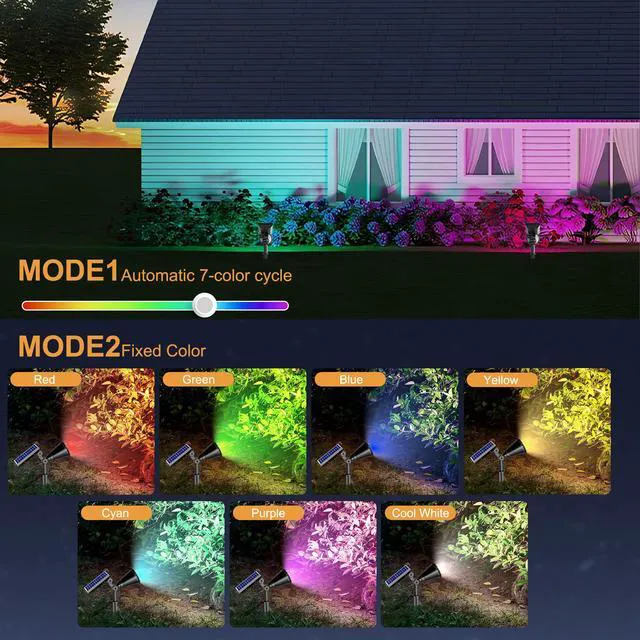 Alt view image 2 of 7 - Solar Lights Outdoor Waterproof Spot Lights, Multicolor 4 Pack Adjustable, 8 Modes, RGB Color Changing Solar Landscape Lights for Halloween Christmas House Garden Yard Tree, Decorations