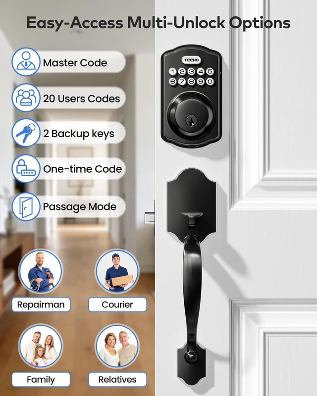 Alt view image 3 of 7 - TK001H Keyless Entry Door Lock Set for Front Door, Matte Black ANSI Grade 3 Security, Auto & One-Touch Lock, Anti-Peep & One Time Code, Easy Installation, Passage Mode, Durable Zinc Alloy