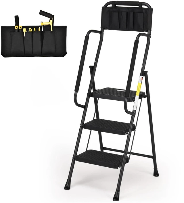 Main image of Step Ladder with Handrails, 3 Step Ladder with Attachable Tool Bag Anti-Slip Wide Pedal for Home Kitchen Pantry Office, Black
