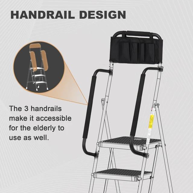 Alt view image 2 of 7 - Step Ladder with Handrails, 3 Step Ladder with Attachable Tool Bag Anti-Slip Wide Pedal for Home Kitchen Pantry Office, Black