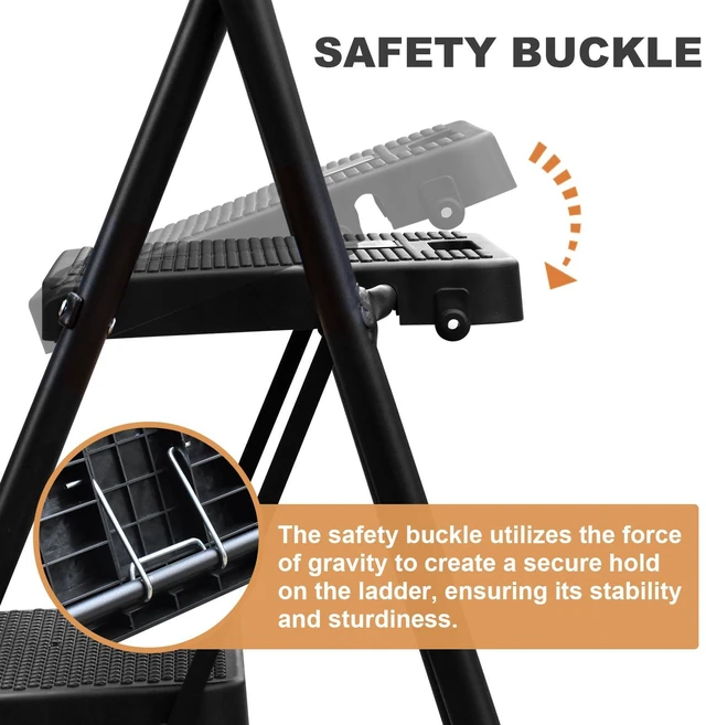 Alt view image 3 of 7 - Step Ladder with Handrails, 3 Step Ladder with Attachable Tool Bag Anti-Slip Wide Pedal for Home Kitchen Pantry Office, Black