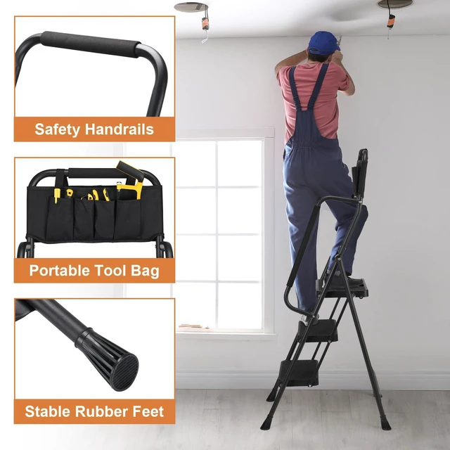 Alt view image 4 of 7 - Step Ladder with Handrails, 3 Step Ladder with Attachable Tool Bag Anti-Slip Wide Pedal for Home Kitchen Pantry Office, Black
