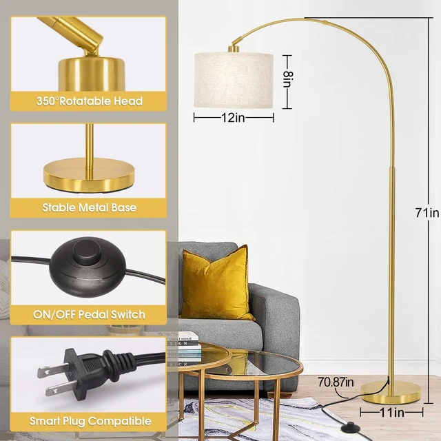 Alt view image 2 of 6 - Gold Floor Lamp, Arc Floor Lamp for Living Room with Adjustable Drum Lampshade, Modern Tall Standing Lamp with On/Off Foot Switch, Over Couch Arched Reading Light for Reading, Bedroom, Office