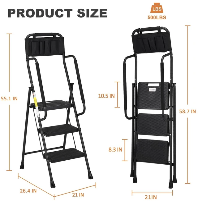 Alt view image 7 of 7 - Step Ladder with Handrails, 3 Step Ladder with Attachable Tool Bag Anti-Slip Wide Pedal for Home Kitchen Pantry Office, Black