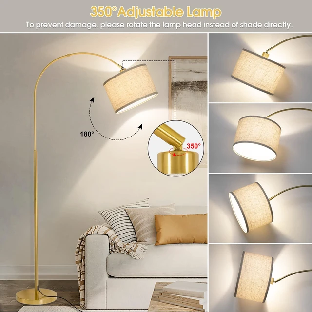 Alt view image 3 of 6 - Gold Floor Lamp, Arc Floor Lamp for Living Room with Adjustable Drum Lampshade, Modern Tall Standing Lamp with On/Off Foot Switch, Over Couch Arched Reading Light for Reading, Bedroom, Office
