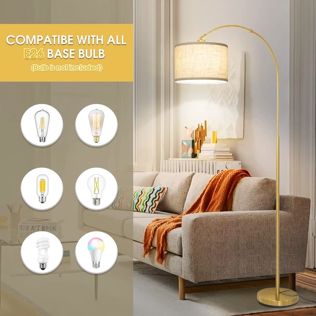 Alt view image 4 of 6 - Gold Floor Lamp, Arc Floor Lamp for Living Room with Adjustable Drum Lampshade, Modern Tall Standing Lamp with On/Off Foot Switch, Over Couch Arched Reading Light for Reading, Bedroom, Office