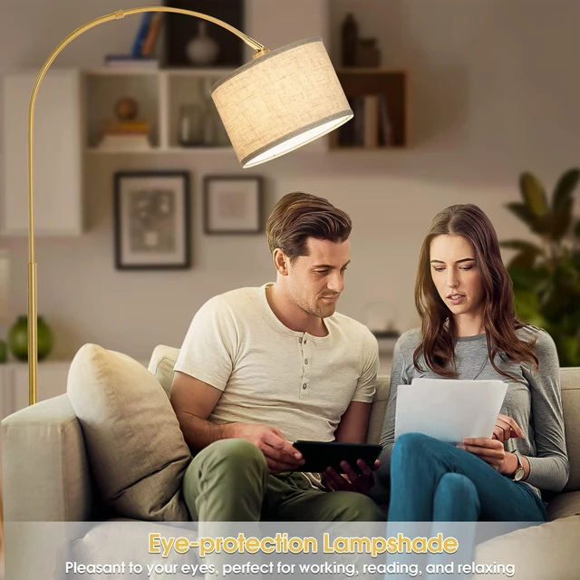 Alt view image 5 of 6 - Gold Floor Lamp, Arc Floor Lamp for Living Room with Adjustable Drum Lampshade, Modern Tall Standing Lamp with On/Off Foot Switch, Over Couch Arched Reading Light for Reading, Bedroom, Office