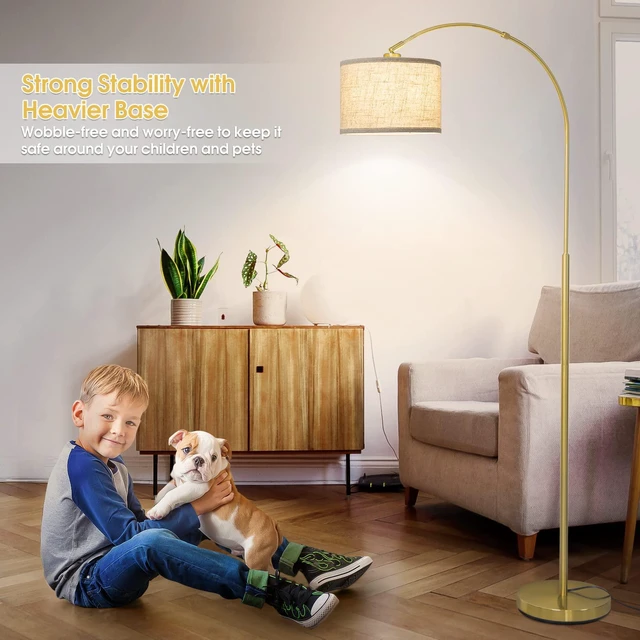 Alt view image 6 of 6 - Gold Floor Lamp, Arc Floor Lamp for Living Room with Adjustable Drum Lampshade, Modern Tall Standing Lamp with On/Off Foot Switch, Over Couch Arched Reading Light for Reading, Bedroom, Office