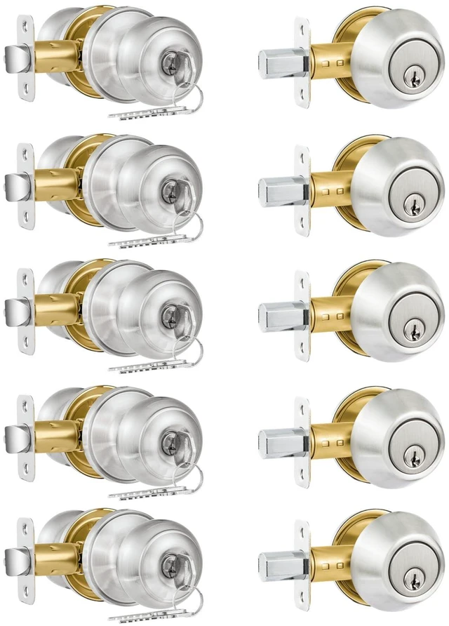 Main image of 5 Pack Entry Door Lock and Single Cylinder Deadbolt Combo Set, Keyed Alike Satin Nickel Exterior Door Knobs with Lock&Keys, Round Ball Door Locksets with Deadbolt for Entrance and Front Door