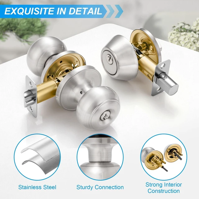 Alt view image 2 of 7 - 5 Pack Entry Door Lock and Single Cylinder Deadbolt Combo Set, Keyed Alike Satin Nickel Exterior Door Knobs with Lock&Keys, Round Ball Door Locksets with Deadbolt for Entrance and Front Door