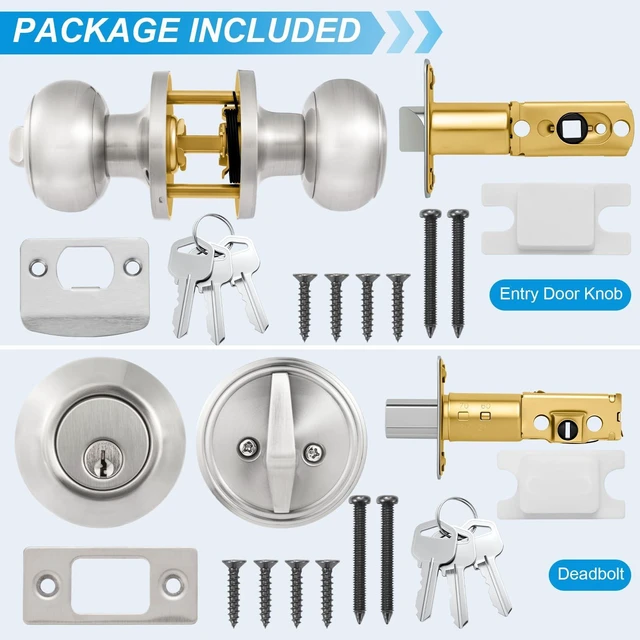 Alt view image 5 of 7 - 5 Pack Entry Door Lock and Single Cylinder Deadbolt Combo Set, Keyed Alike Satin Nickel Exterior Door Knobs with Lock&Keys, Round Ball Door Locksets with Deadbolt for Entrance and Front Door