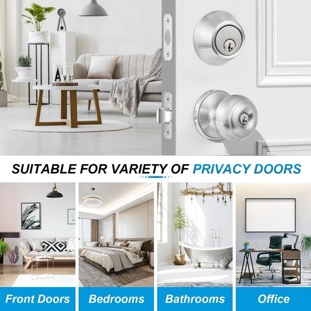 Alt view image 6 of 7 - 5 Pack Entry Door Lock and Single Cylinder Deadbolt Combo Set, Keyed Alike Satin Nickel Exterior Door Knobs with Lock&Keys, Round Ball Door Locksets with Deadbolt for Entrance and Front Door
