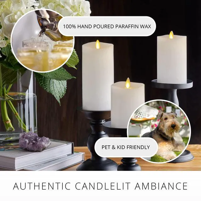 Alt view image 3 of 7 - Realistic Flameless LED Candle White Set of 3, Battery Operated with Remote Control, Moving Flame Pillar Timer Funtion Melted Top Safe