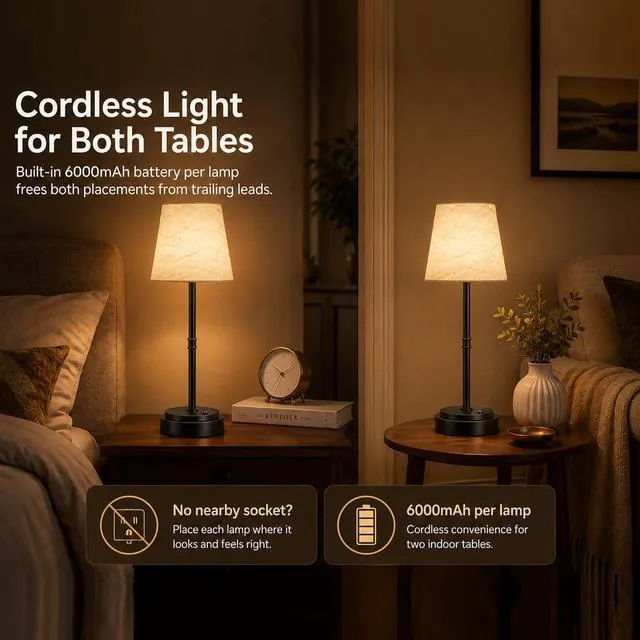 Alt view image 2 of 7 - Cordless Table Lamps 2 Pack, Rechargeable Battery Operated Lamps, Black 2 Pack, 6000mAh Per lamp, 4H Charge, 12-36H Runtime, Touch Dimming