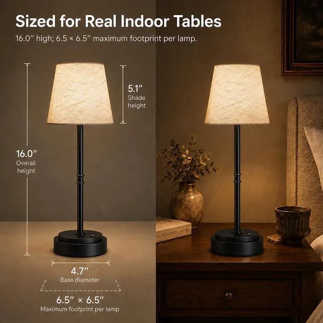 Alt view image 3 of 7 - Cordless Table Lamps 2 Pack, Rechargeable Battery Operated Lamps, Black 2 Pack, 6000mAh Per lamp, 4H Charge, 12-36H Runtime, Touch Dimming