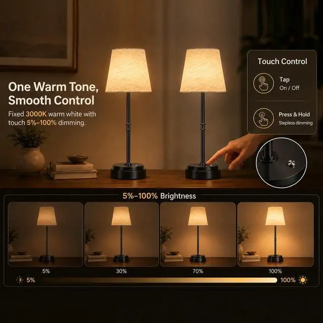 Alt view image 4 of 7 - Cordless Table Lamps 2 Pack, Rechargeable Battery Operated Lamps, Black 2 Pack, 6000mAh Per lamp, 4H Charge, 12-36H Runtime, Touch Dimming