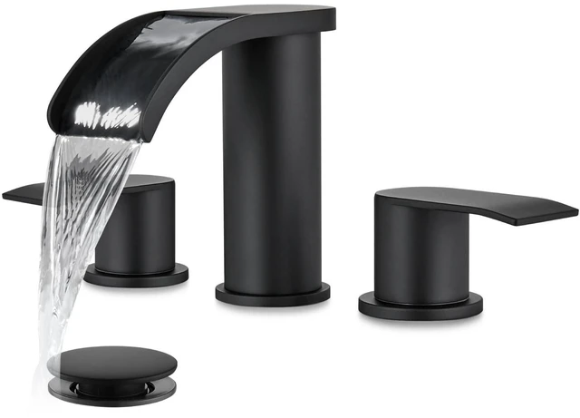 Main image of Waterfall Bathroom Faucet 3 Hole Round Body,Matte Black SUS304 8 Widespread Bathroom Sink Faucet,2.17 Wide Spout,24 cUPC Hose,Pop Up Drain,2 Handle,Vanity,Lavatory,Basin,RV