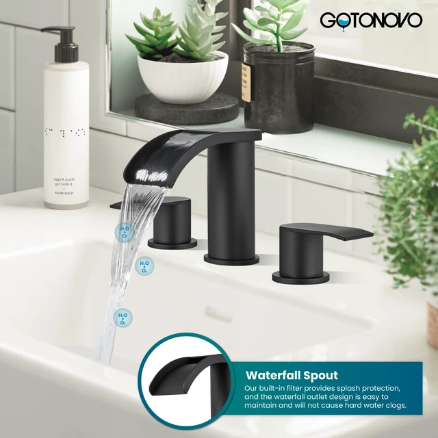 Alt view image 2 of 7 - Waterfall Bathroom Faucet 3 Hole Round Body,Matte Black SUS304 8 Widespread Bathroom Sink Faucet,2.17 Wide Spout,24 cUPC Hose,Pop Up Drain,2 Handle,Vanity,Lavatory,Basin,RV