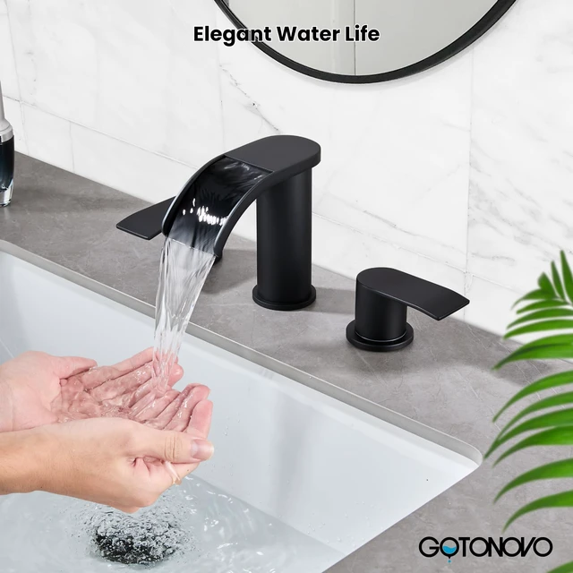 Alt view image 3 of 7 - Waterfall Bathroom Faucet 3 Hole Round Body,Matte Black SUS304 8 Widespread Bathroom Sink Faucet,2.17 Wide Spout,24 cUPC Hose,Pop Up Drain,2 Handle,Vanity,Lavatory,Basin,RV