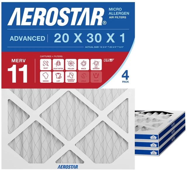 Main image of Air Filter 20x30x1 MERV 11 AC Filter, HVAC, Furnace Filter, 4 Pack ACTUAL SIZE (19.75 x 29.75 x 0.75) AC Filter, Furnace Filter, Dust, Pet Dander, Smoke & Allergies MERV 11 (MPR 1200 / FPR 7)