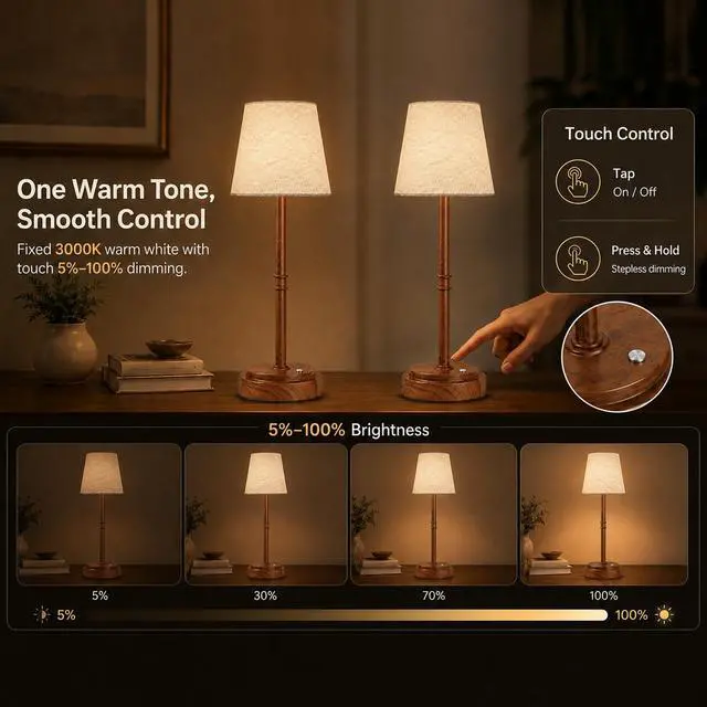 Alt view image 3 of 7 - Cordless Table Lamps 2 Pack, Rechargeable Battery Operated Lamps, Wood 2 Pack, 6000mAh Per lamp, 4H Charge, 12-36H Runtime, Touch Dimming