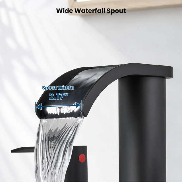 Alt view image 4 of 7 - Waterfall Bathroom Faucet 3 Hole Round Body,Matte Black SUS304 8 Widespread Bathroom Sink Faucet,2.17 Wide Spout,24 cUPC Hose,Pop Up Drain,2 Handle,Vanity,Lavatory,Basin,RV