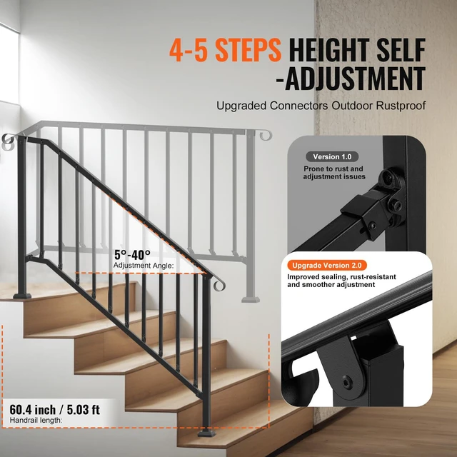 Alt view image 3 of 7 - Outdoor Stair Handrails, 5-6 Step Kit, Carbon Steel, Black Retro Arch