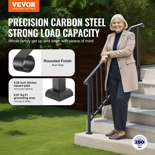 Alt view image 2 of 7 - Outdoor Stair Handrails, 5-6 Step Kit, Carbon Steel, Black Retro Arch