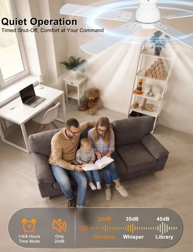 Alt view image 5 of 7 - 52'' Low Profile Ceiling Fan with Lights, Remote/APP Control, White Flush Mount, Dimmable 3CCT LED, Quiet Reversible DC Motor; Memory Function, 5475 CFM, for Bedroom Living Room Kitchen