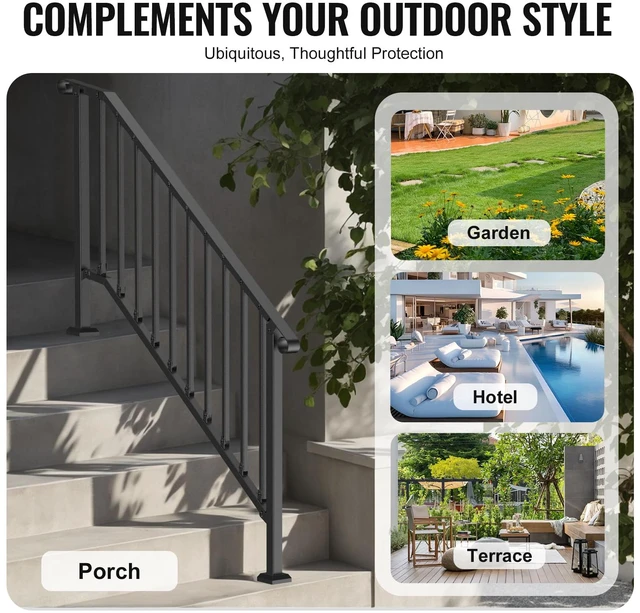 Alt view image 6 of 7 - Outdoor Stair Handrails, 5-6 Step Kit, Carbon Steel, Black Retro Arch