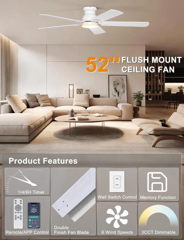 Alt view image 3 of 7 - 52'' Low Profile Ceiling Fan with Lights, Remote/APP Control, White Flush Mount, Dimmable 3CCT LED, Quiet Reversible DC Motor; Memory Function, 5475 CFM, for Bedroom Living Room Kitchen