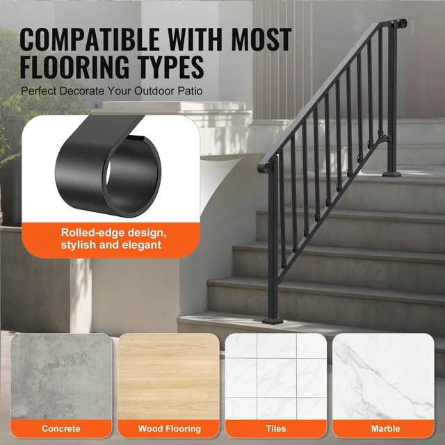 Alt view image 5 of 7 - Outdoor Stair Handrails, 5-6 Step Kit, Carbon Steel, Black Retro Arch