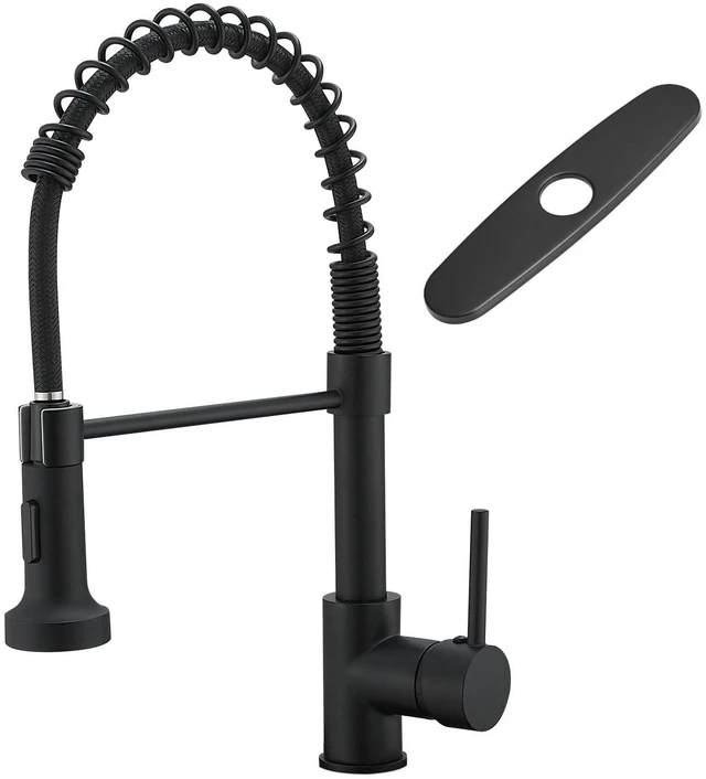 Main image of Black Kitchen Faucet with Pull Down Sprayer,Matte Black Spring Sink Faucet,Single Handle,360° Rotation,2-Mode Sprayer,for Farmhouse Laundry Bar RV