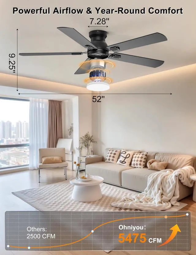 Alt view image 2 of 7 - 52'' Low Profile Ceiling Fan with Lights, Remote/APP Control, Black Flush Mount, Dimmable 3CCT LED, Quiet Reversible DC Motor; Memory Function, 5475 CFM, for Bedroom Living Room Kitchen