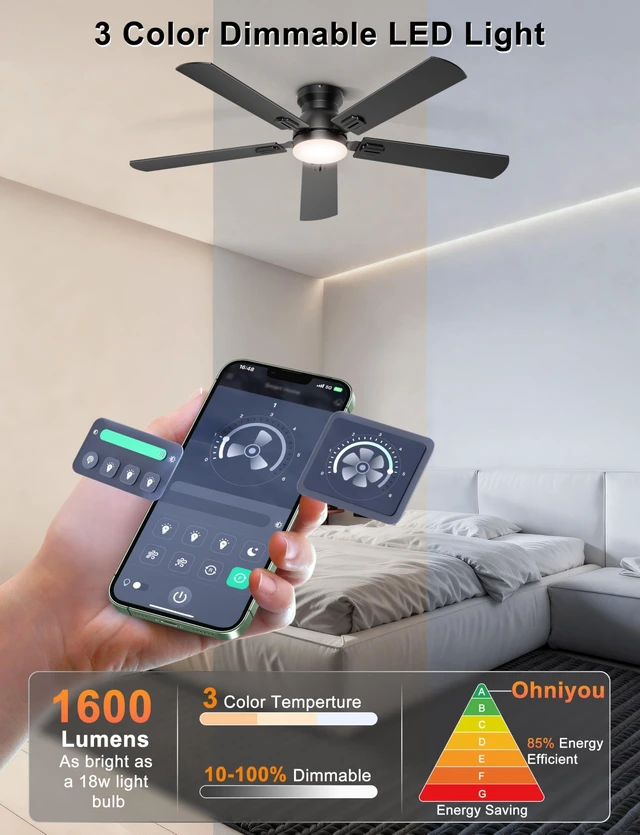 Alt view image 4 of 7 - 52'' Low Profile Ceiling Fan with Lights, Remote/APP Control, Black Flush Mount, Dimmable 3CCT LED, Quiet Reversible DC Motor; Memory Function, 5475 CFM, for Bedroom Living Room Kitchen